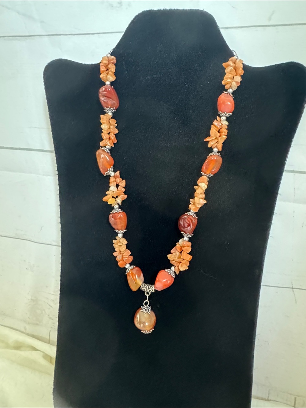 Carnelian - Orange Chalcedony Statement Necklace Agate Chips 18” w/2” Extender